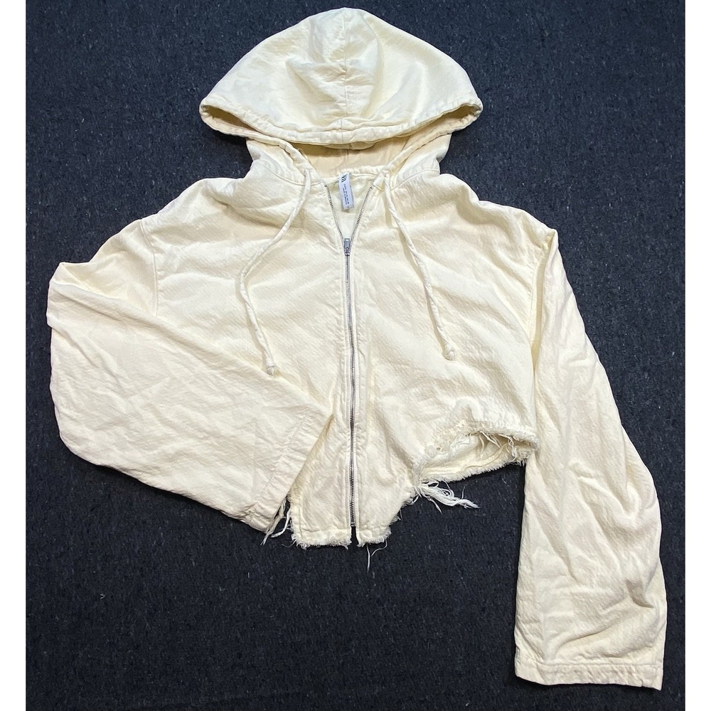 Zara Preppy City Full Zip Cropped Hoodie Women's Sz XL Raw Fringe Hem Distressed